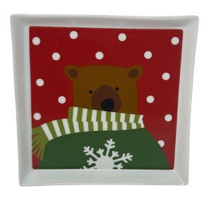 Crate & Barrel Ceramic Holiday Bear Square Dessert Plate Joan Anderson 6x6